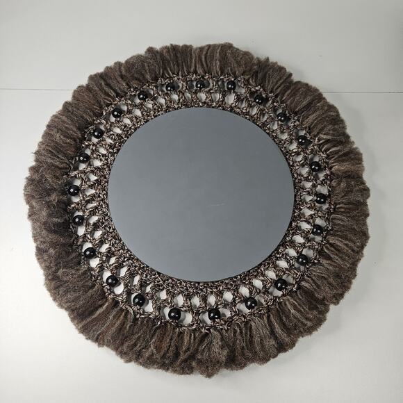 Vintage Large Macrame Wood Beaded Hanging Mirror 22" Boho Chic 70s Inspired - Picture 1 of 7